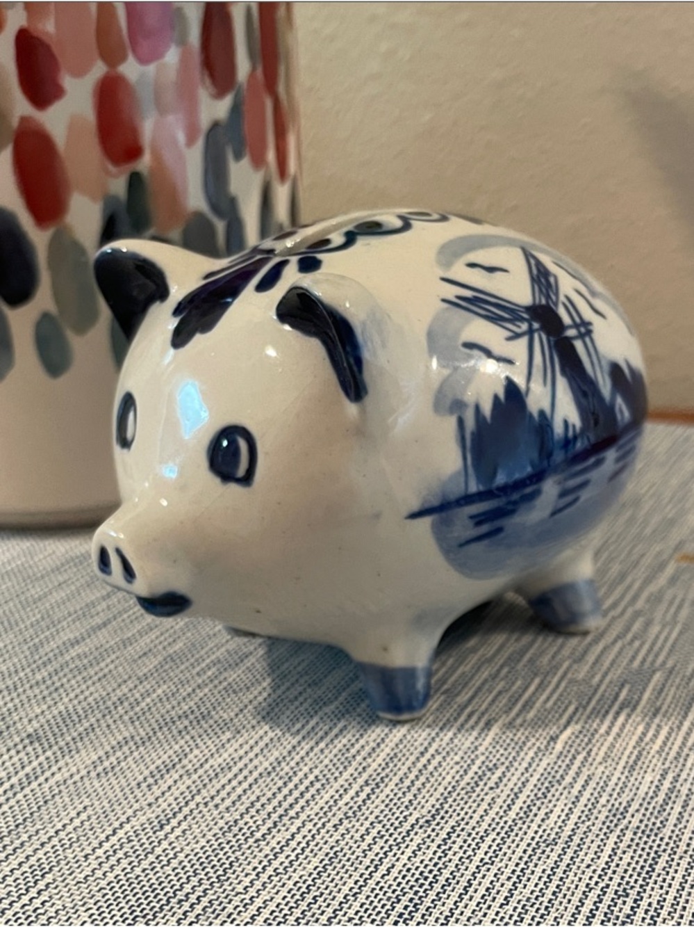 Vintage Delft-Style Blue Dutch Piggy Bank – Windmill Holland Decor